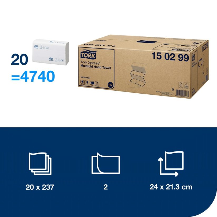 TORK 150299 – Xpress® papírové ručníky Multifold H2, 2vr., 20 x 237 útr. - Karton