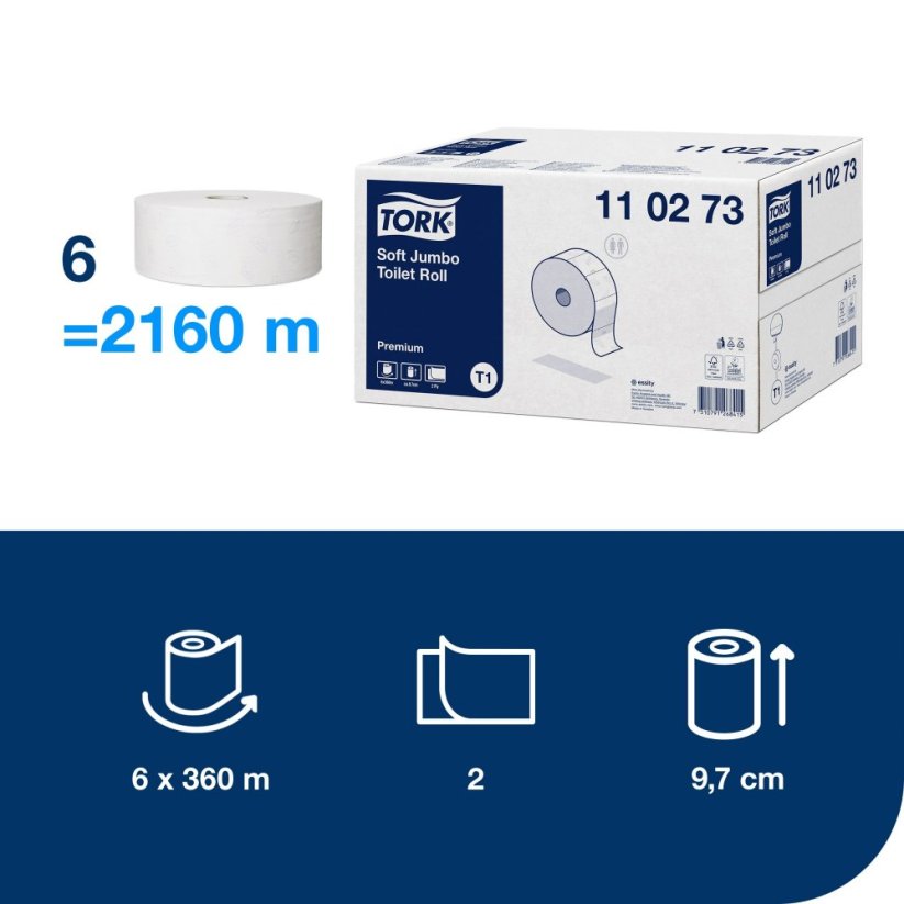 TORK 110273 – Jumbo jemný toaletní papír T1, 2vr., 6 x 360m - Karton
