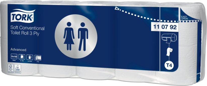 TORK 110792 – Jemný toaletní papír konvenční role T4, 3 vrst, 7 x 10 ks - Karton