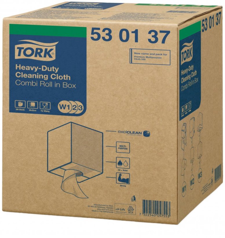 TORK 530137 – Heavy Duty čisticí utěrka W1/W2/W3, netkaná text., 1 vr., 280 útržků