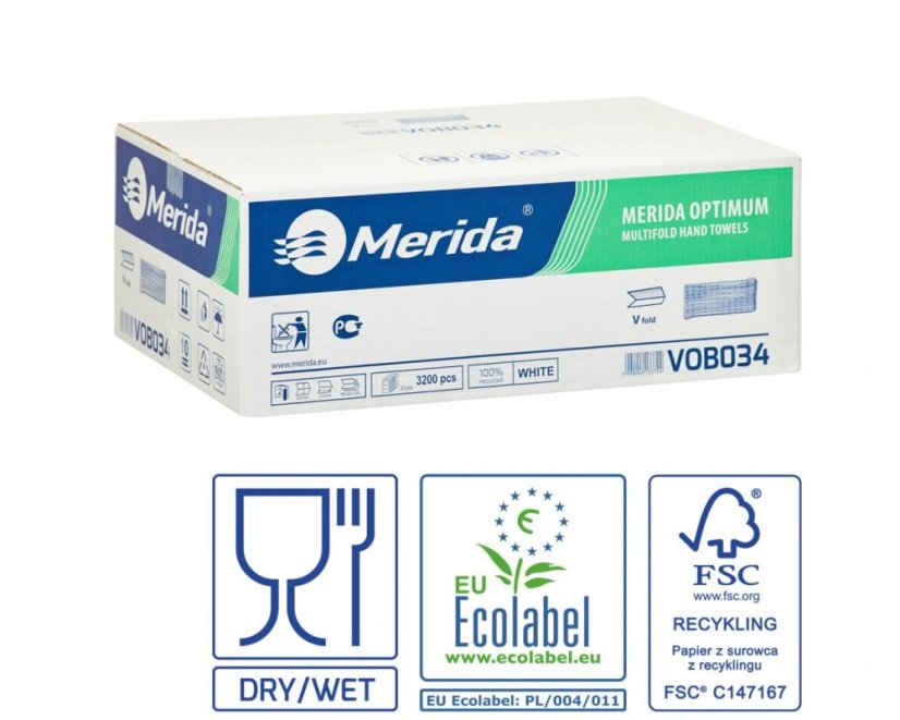 Skládané bílé papírové ručníky 2.vrstvé Merida Optimum 3200ks, 23cm x 21cm certifikované