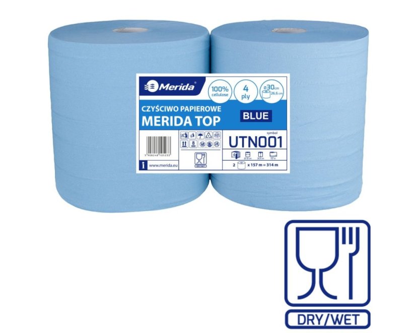 Průmyslová modrá papírová 4.vrstvá utěrka Merida Top 100% celulóza, 2 role v balení, 28x26cm